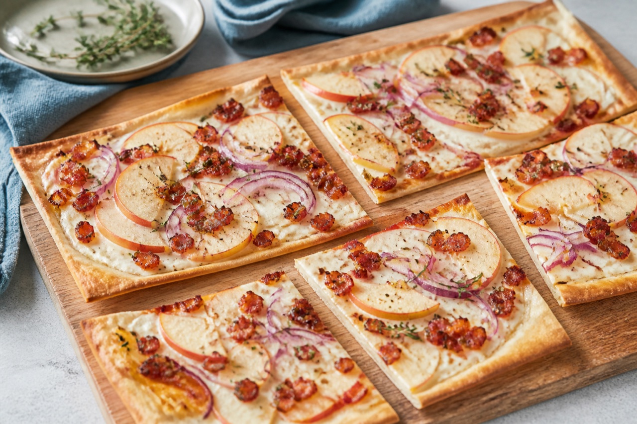 Knuspriger Flammkuchen mit Apfel, Speck und roten Zwiebeln