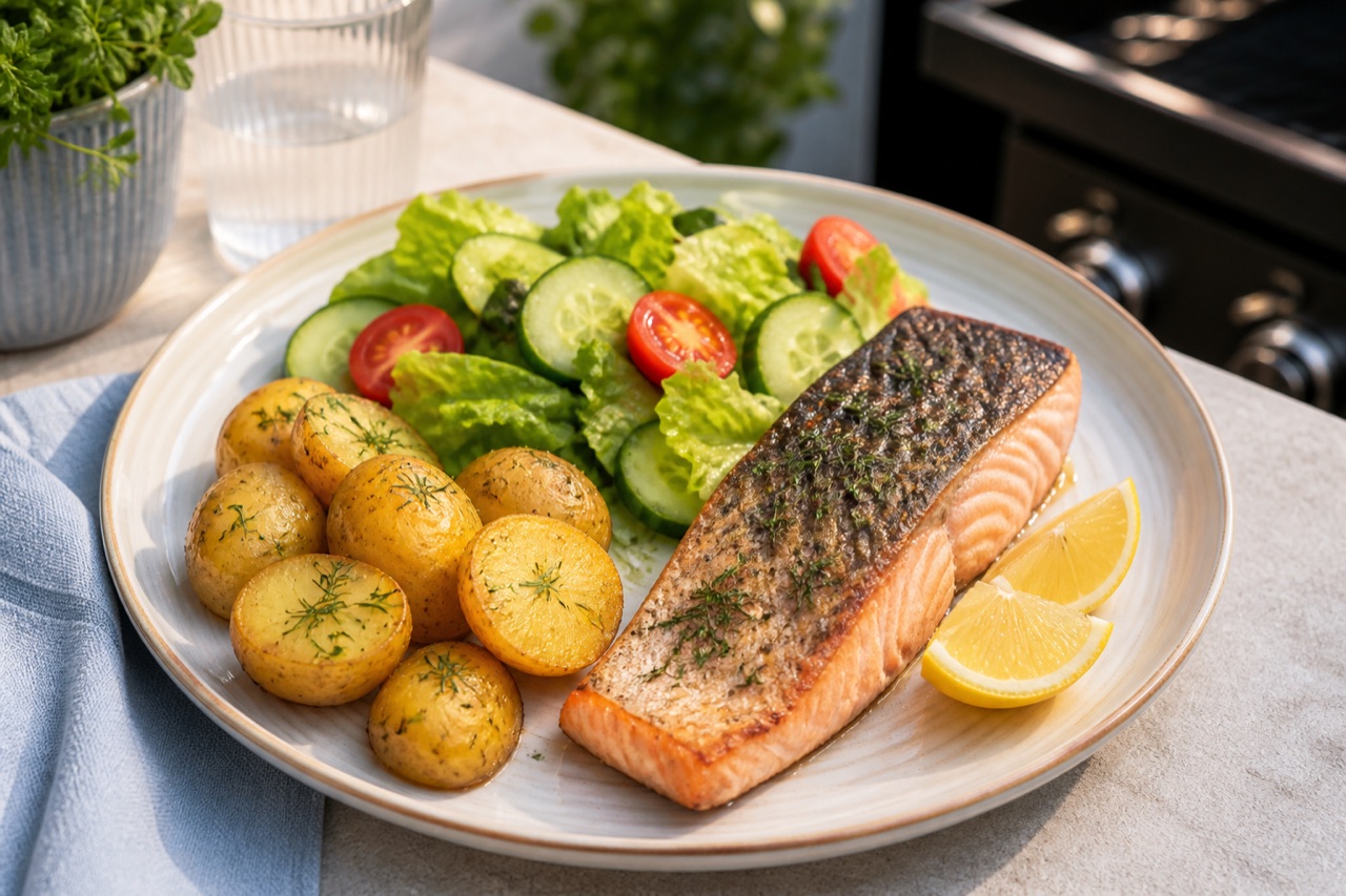 Gegrillter Lachs mit Zitronenkartoffeln und knackigem Salat