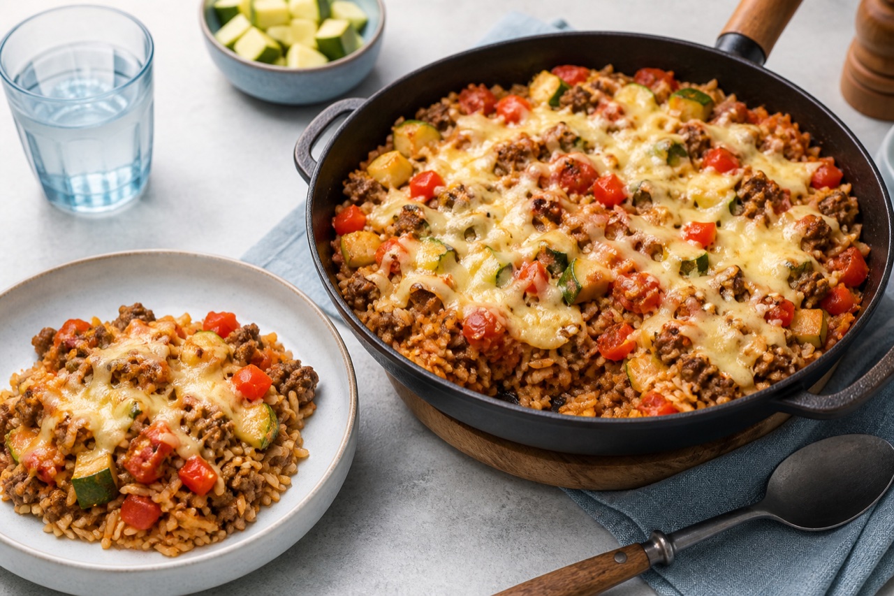 Mediterrane Hack-Reis-Pfanne mit Zucchini, Paprika und Tomaten