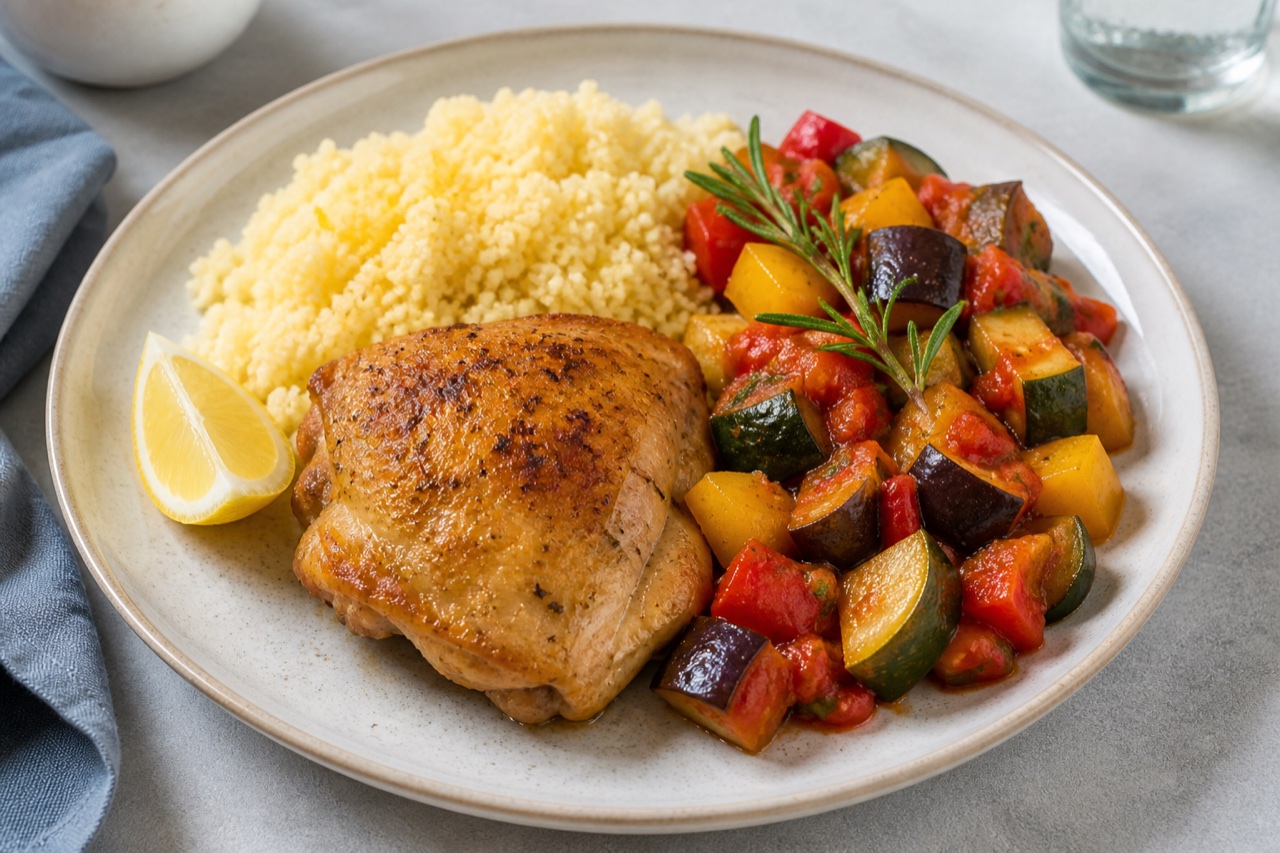 Ofenhähnchen mit Zitronen-Couscous und Ratatouille-Gemüse