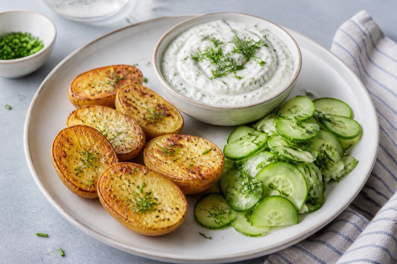 Ofenkartoffeln mit Kräuterquark und frischem Gurkensalat