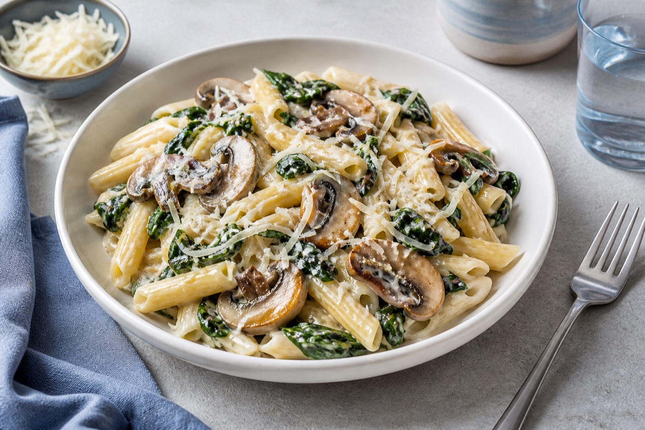 Cremige Nudeln mit gebratenen Pilzen, Spinat und Parmesan
