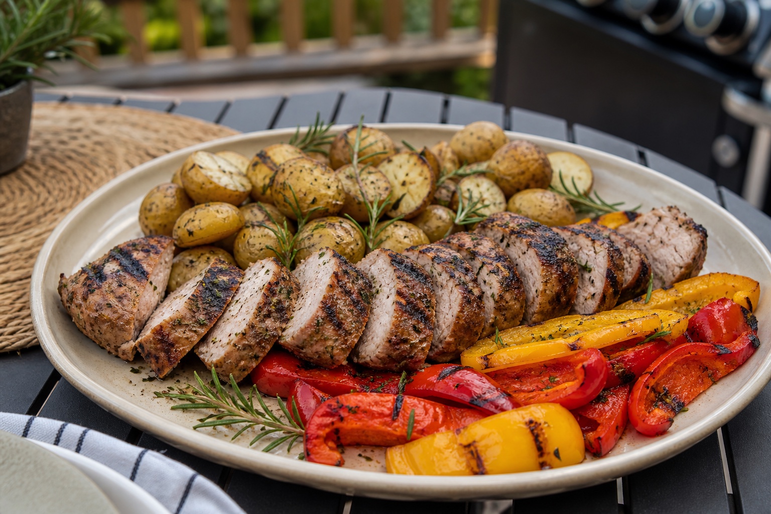 Gegrilltes Schweinefilet mit Rosmarinkartoffeln und bunter Grillpaprika