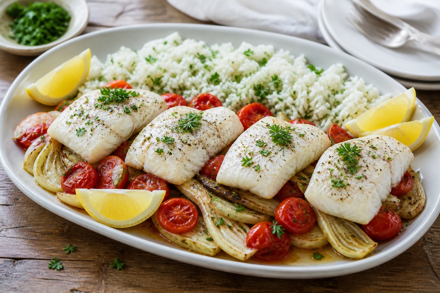 Ofen-Kabeljau auf Fenchel und Tomaten mit Kräuterreis