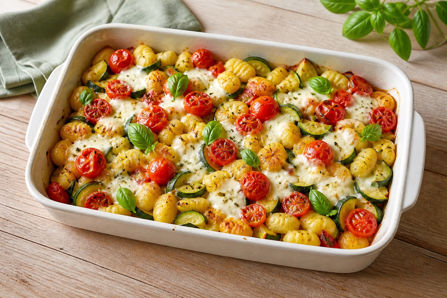 Ofen-Gnocchi mit Zucchini, Kirschtomaten und geschmolzenem Mozzarella