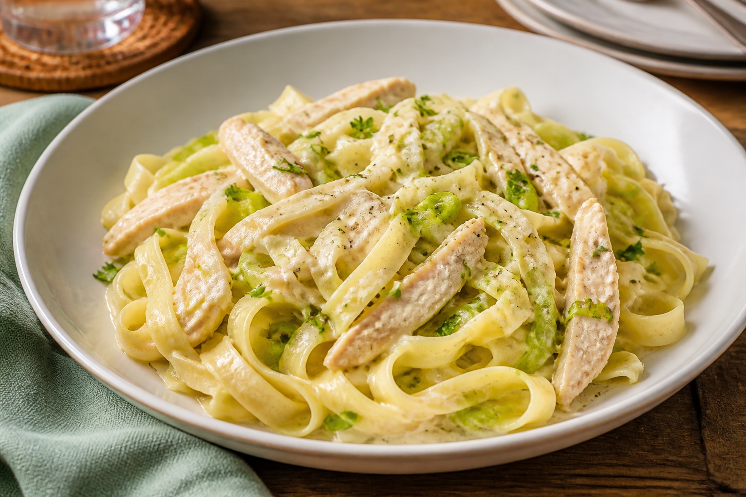 Cremige Tagliatelle mit Putenstreifen und Lauch