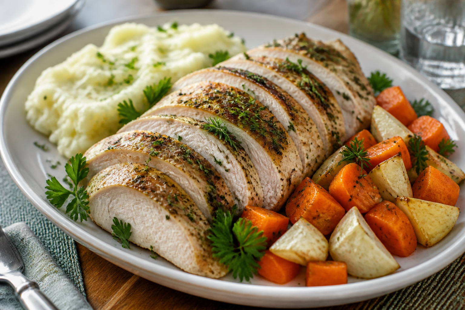 Aufgeschnittener Kräuter-Putenbraten mit Kartoffelpüree, Möhren und Kohlrabi