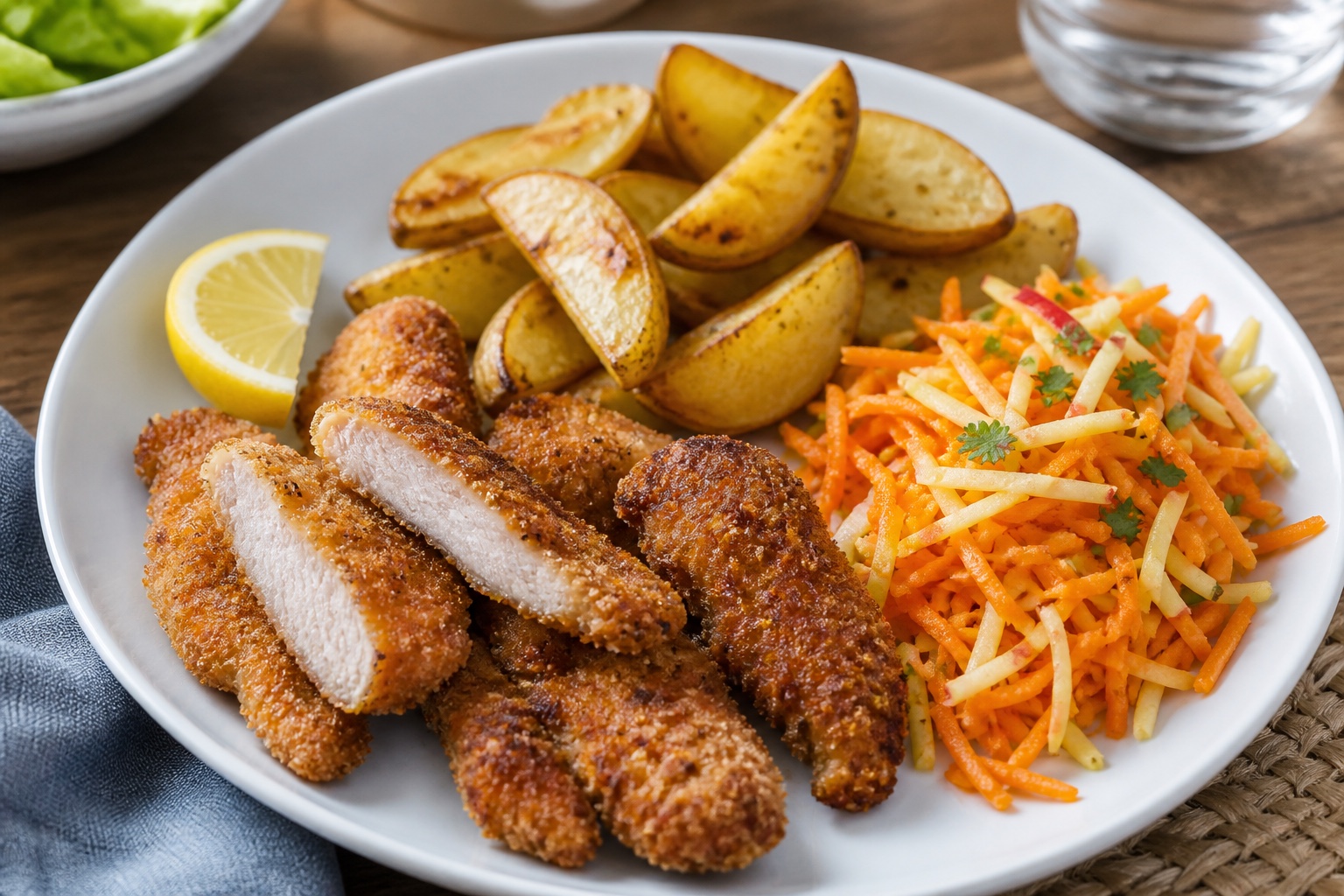 Knusprige Schnitzelstreifen mit Kartoffelspalten und Möhren-Apfel-Salat