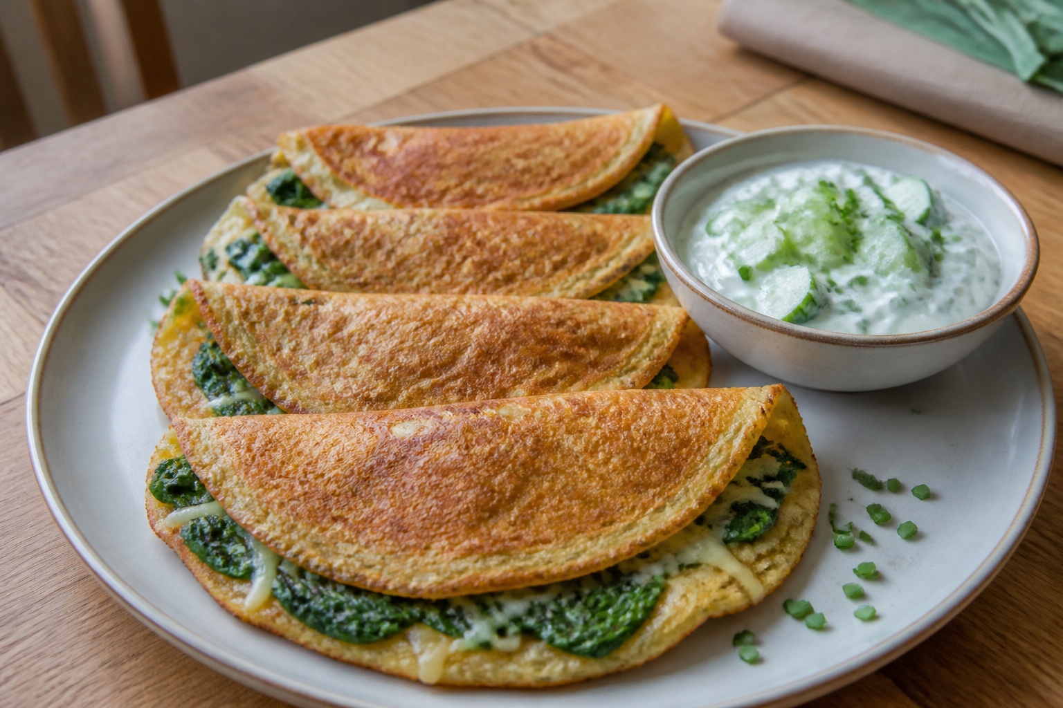 Gefaltete Spinat-Käse-Pfannkuchen mit Gurken-Joghurt-Dip