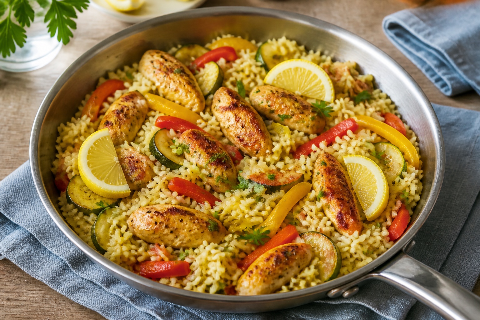 Zitronige Reispfanne mit Hähnchen, Zucchini und Paprika