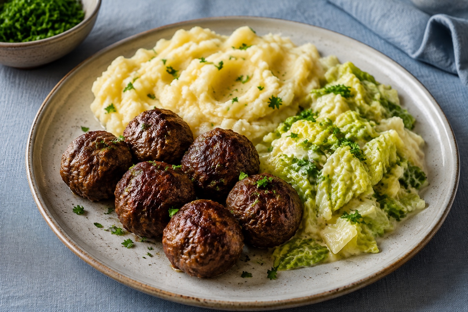 Braune Ofenfrikadellen mit Kartoffelpüree und cremigem Wirsing