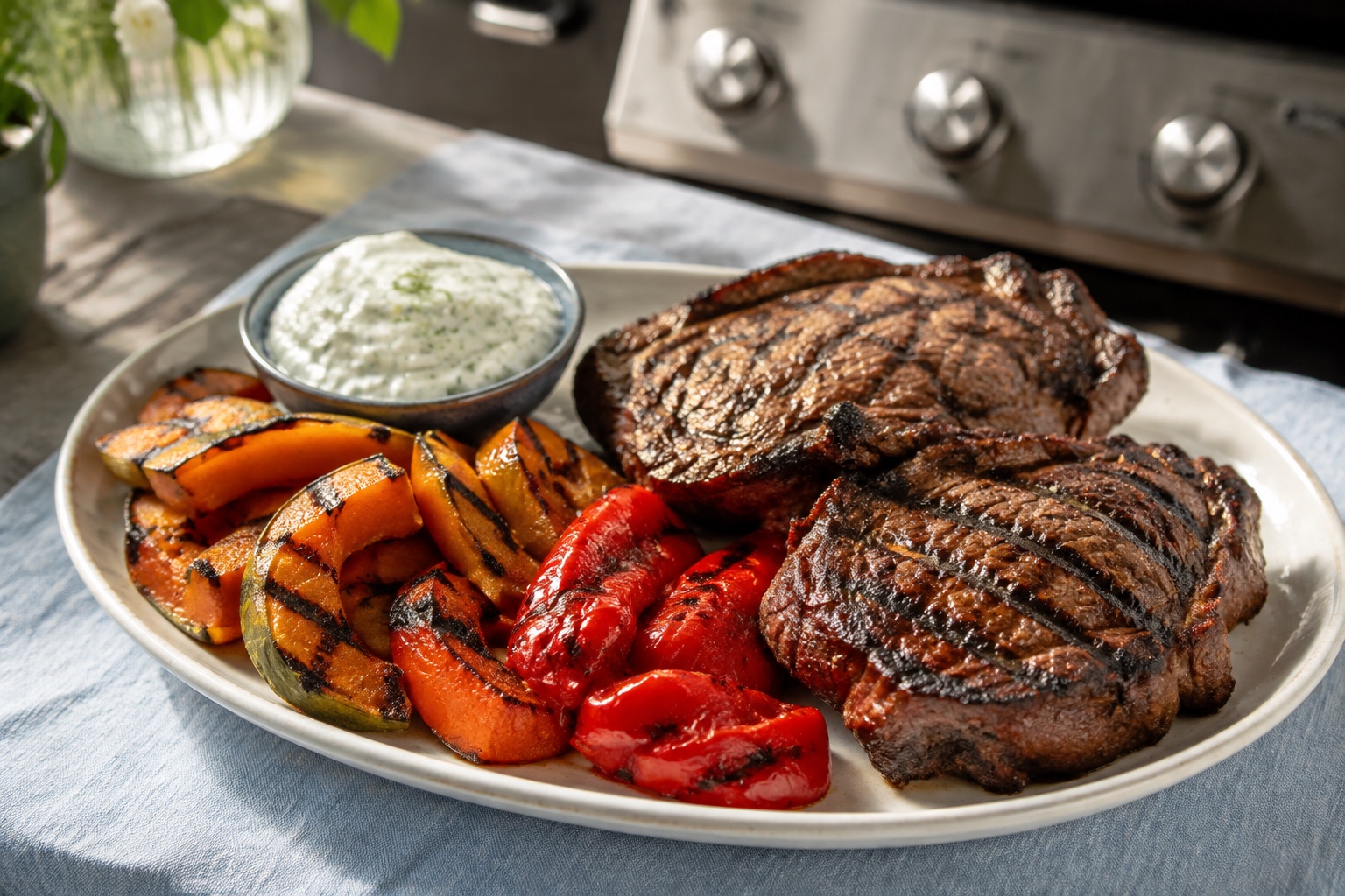 Gegrillte Rindersteaks mit Hokkaido-Kürbis, Paprika und Kräuterjoghurt