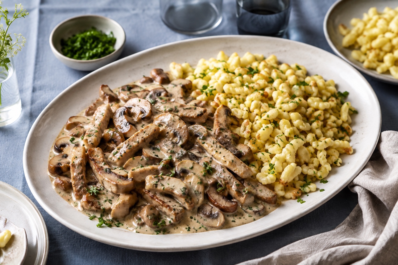 Schweinegeschnetzeltes in Pilzrahm mit goldenen Spätzle