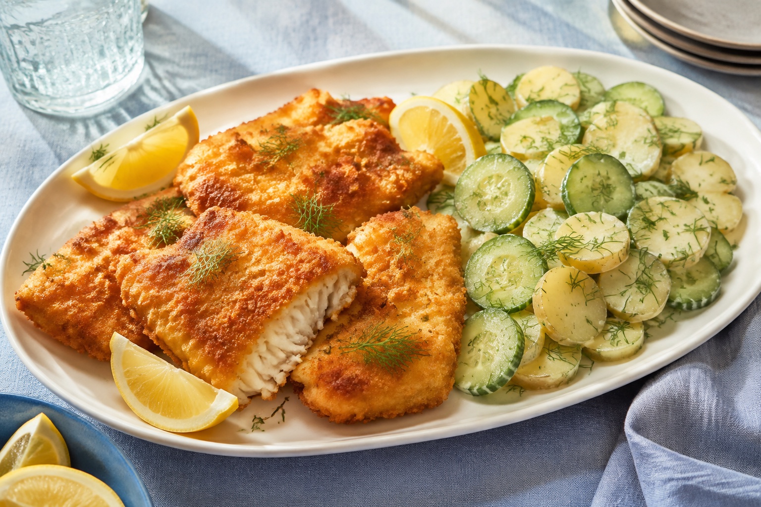 Knuspriges Seelachsfilet mit Gurken-Kartoffel-Salat und Dill