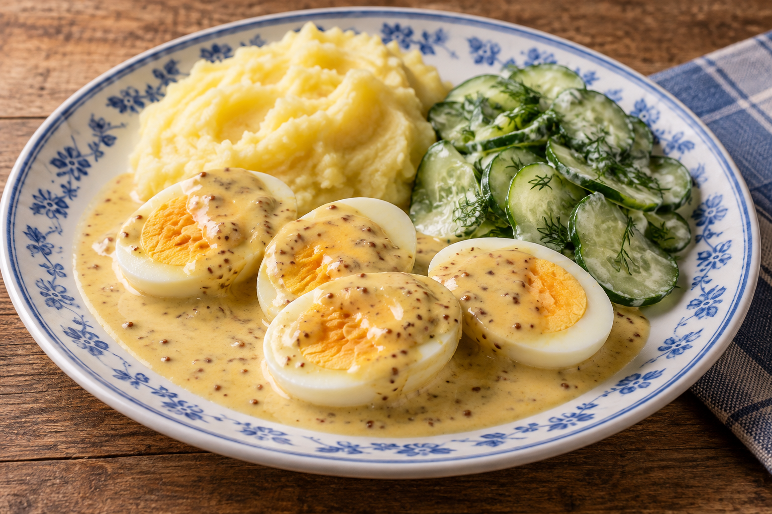 Halbierte Eier in körniger Senfsauce mit Kartoffelpüree und Gurken-Dill-Salat