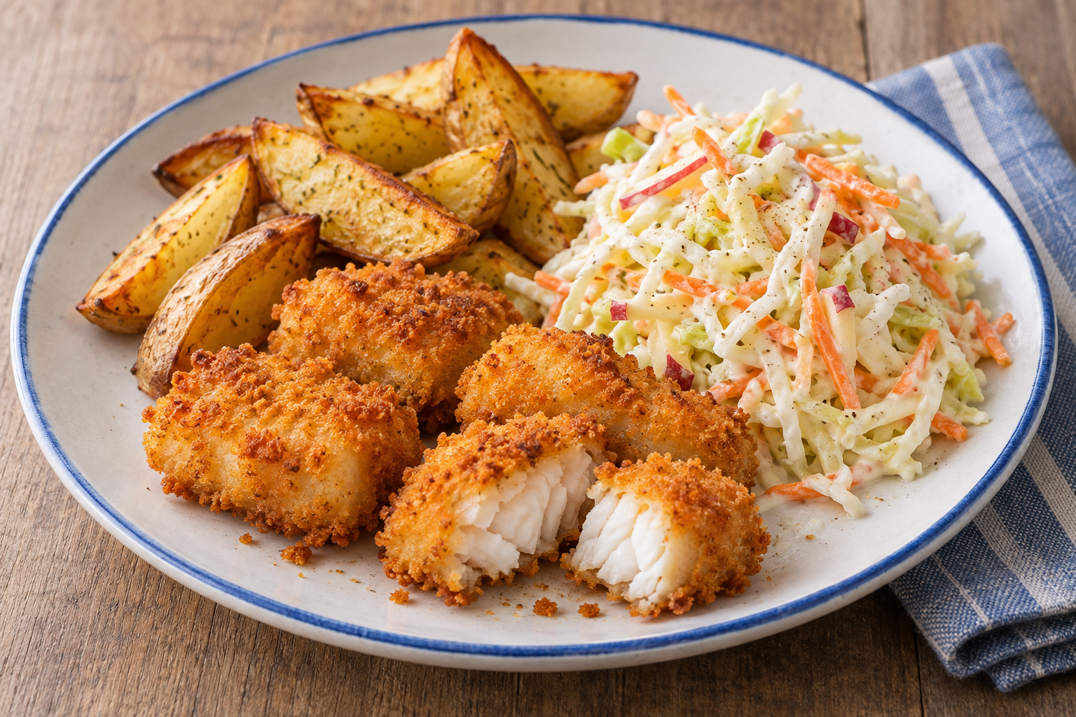 Knusprige Kabeljau-Nuggets mit Kartoffelspalten und Krautsalat aus Weißkohl, Möhren und Apfel