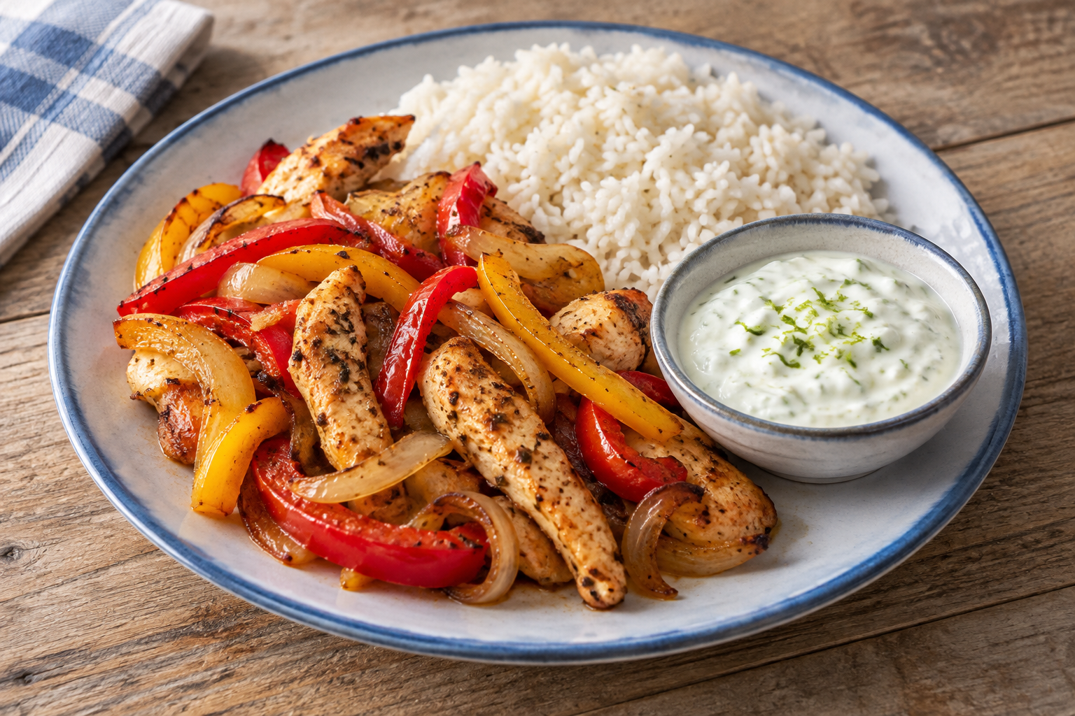 Gebratene Hähnchenstreifen mit roter und gelber Paprika, Reis und Limettenjoghurt