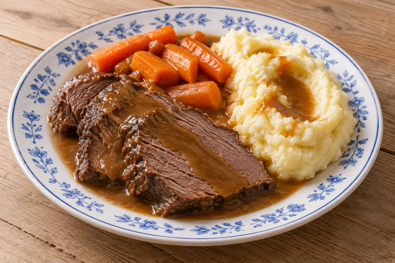 Aufgeschnittener Rinderschmorbraten mit eigener Sauce, Möhrengemüse und Kartoffelpüree