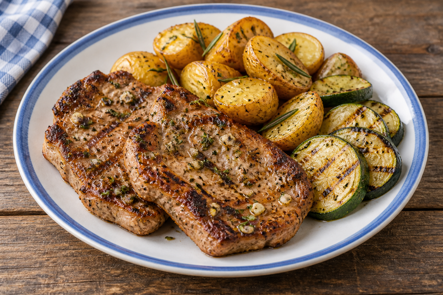 Gegrillte Schweinenackensteaks mit Rosmarinkartoffeln und gegrillten Zucchinischeiben