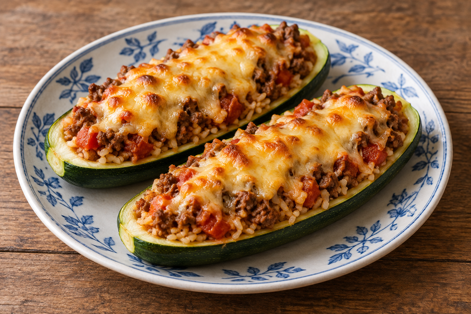 Überbackene Zucchinischiffchen mit Rinderhack, Tomaten, Reis und Gouda