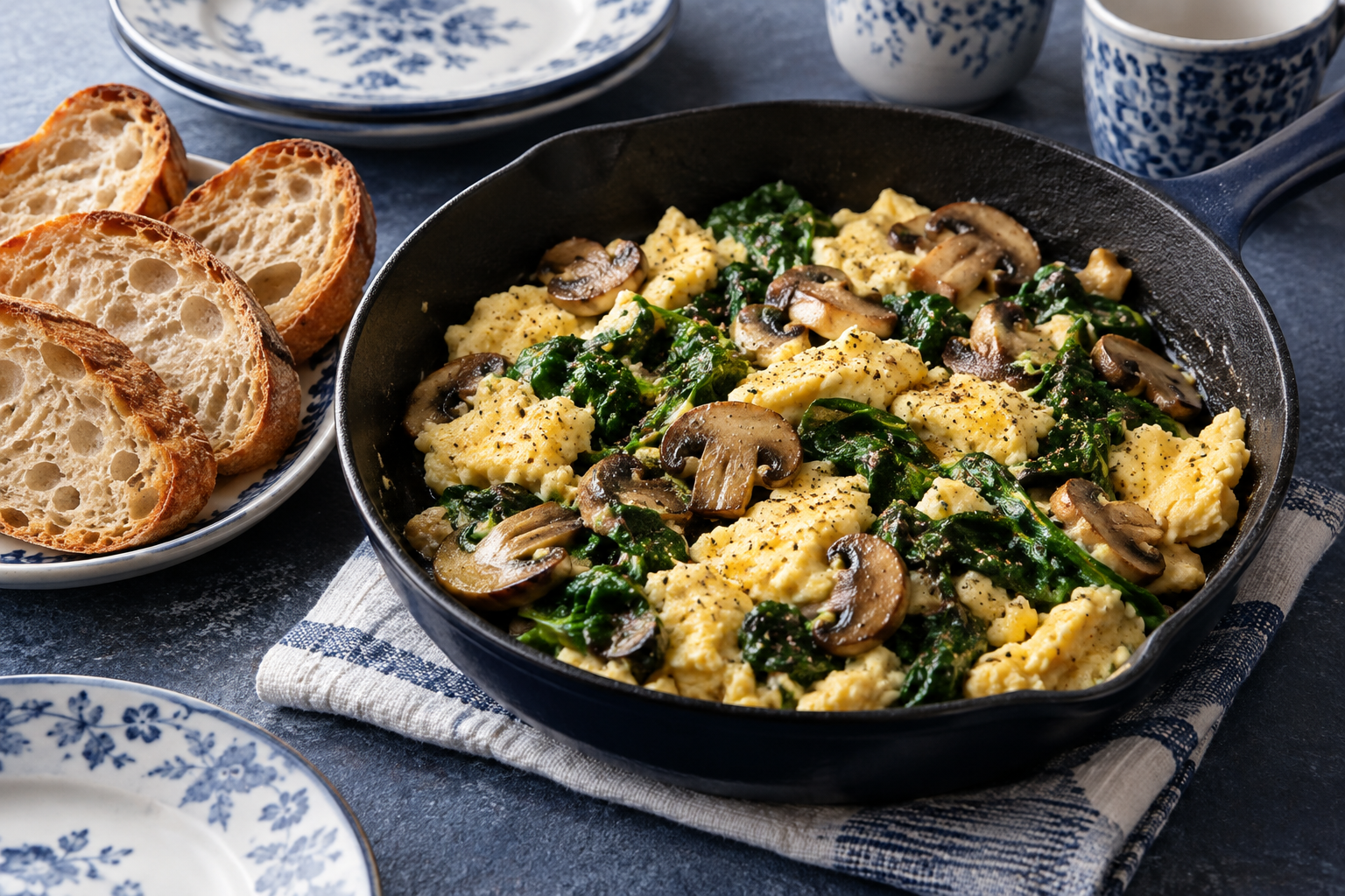 Herzhafte Eierpfanne mit gebratenen Champignons und Spinat sowie knusprigen Brotscheiben