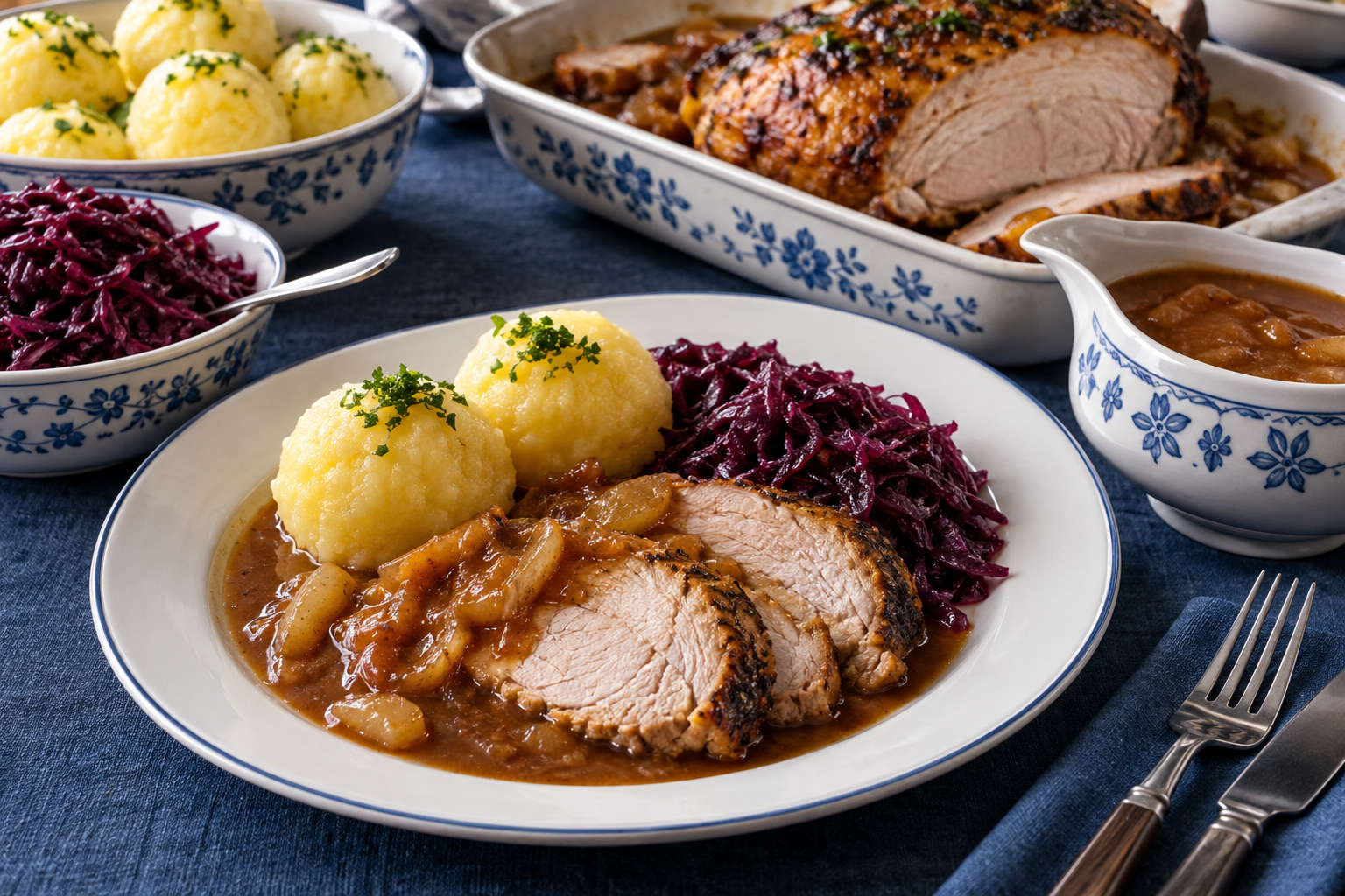 Aufgeschnittener Schweinebraten mit Kartoffelklößen, Rotkohl und Apfel-Zwiebel-Sauce