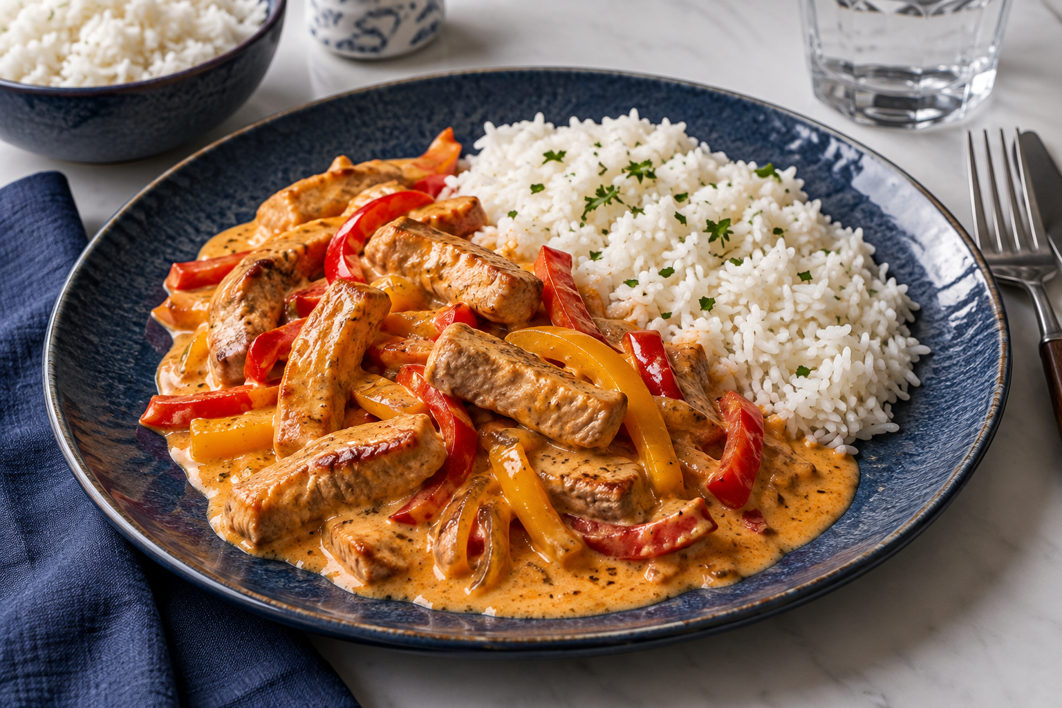 Schweinefiletstreifen in cremigem Paprika-Rahm mit weißem Reis