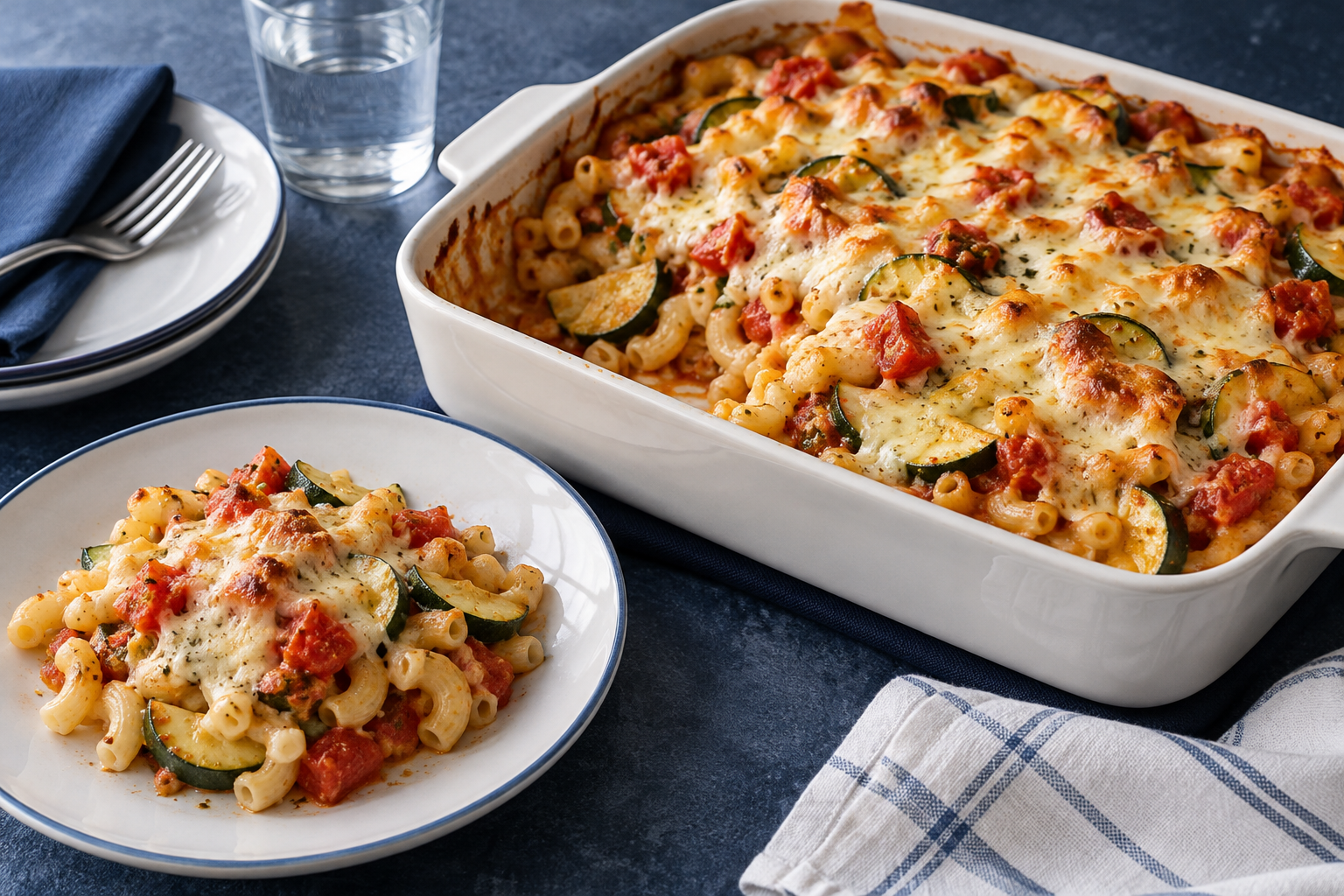 Goldbrauner Makkaroni-Auflauf mit Tomaten, Zucchini und geschmolzenem Mozzarella