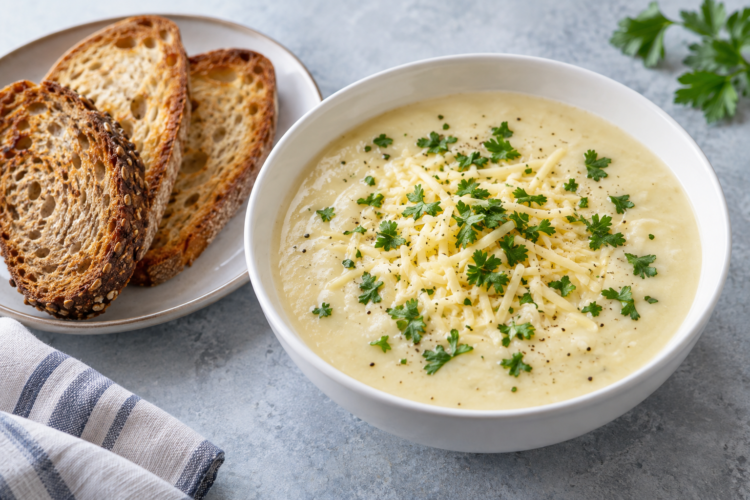 Cremige Blumenkohl-Kartoffel-Suppe mit geriebenem Käse, Petersilie und knusprigem Röstbrot