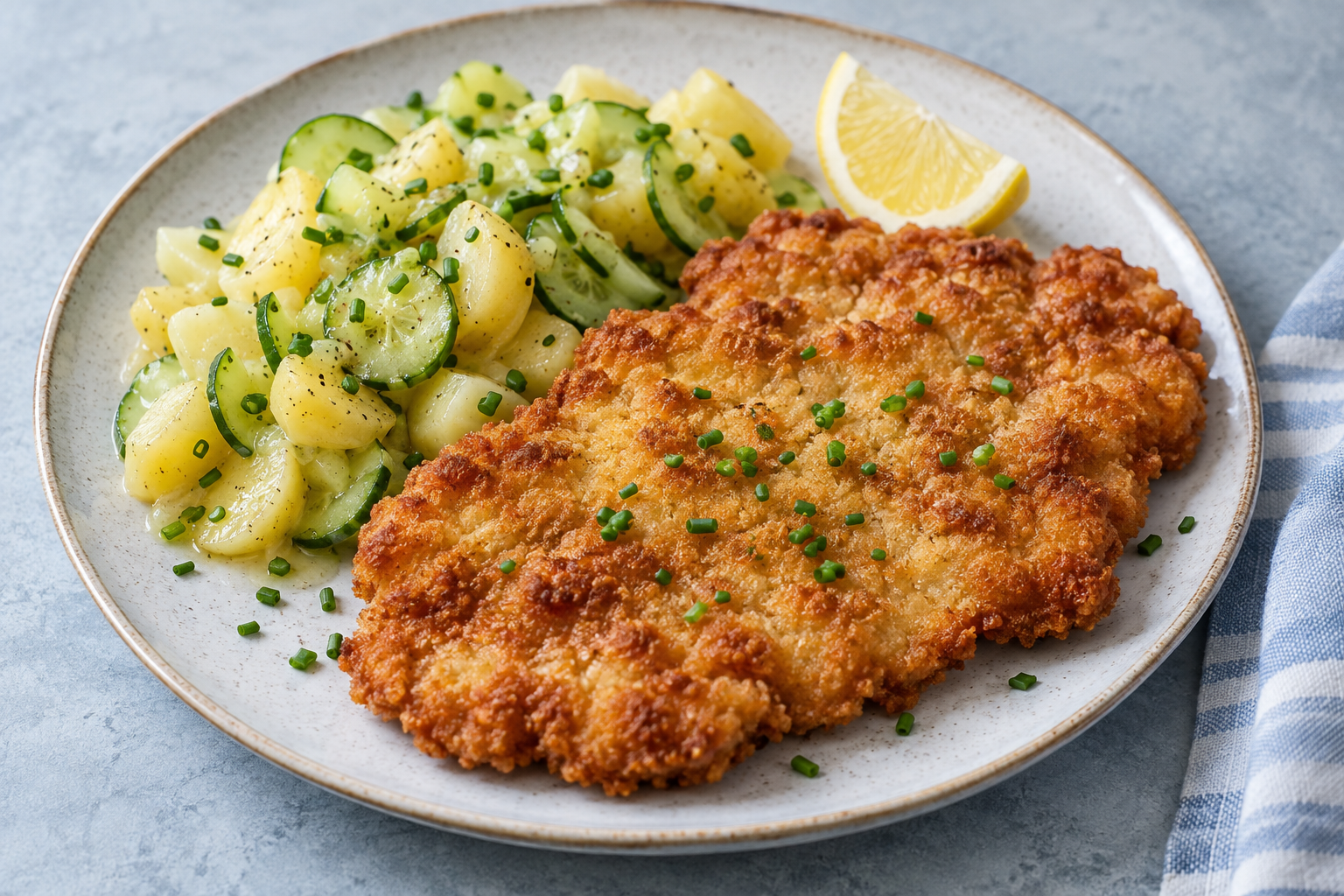 Knusprig frittierte Schweineschnitzel mit warmem Kartoffel-Gurken-Salat, Zitrone und Schnittlauch