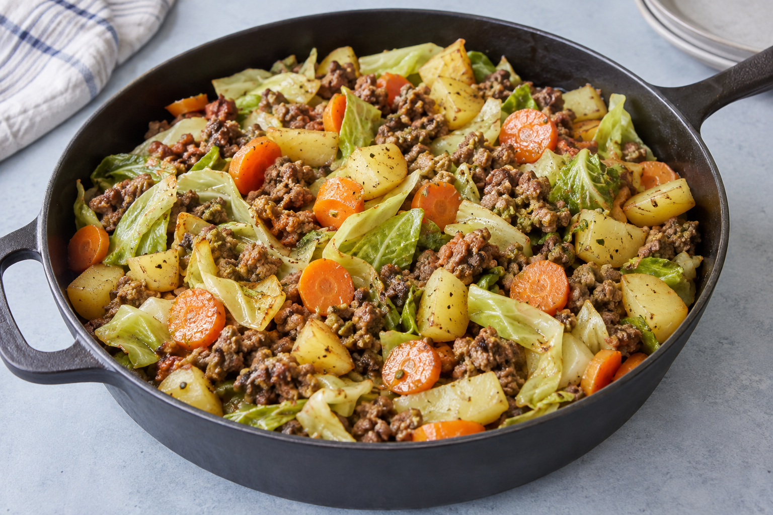 Kartoffel-Hack-Pfanne mit gebratenem Rinderhack, Spitzkohl und Möhrenscheiben