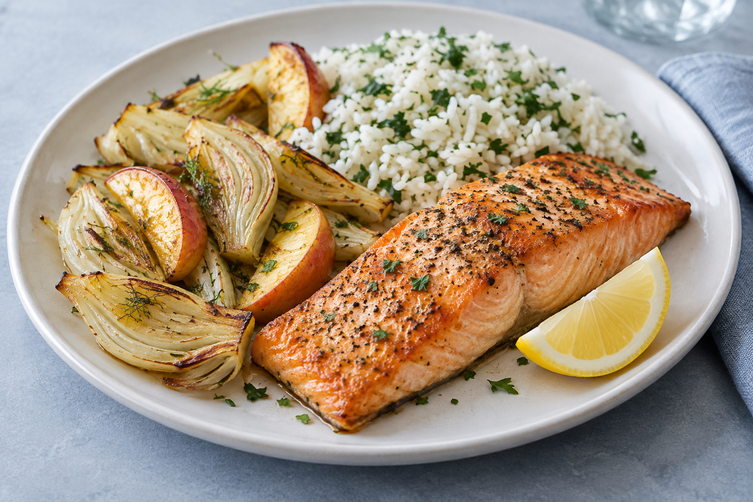 Ofengebackener Lachs mit geröstetem Fenchel, Apfelspalten, Petersilienreis und Zitrone