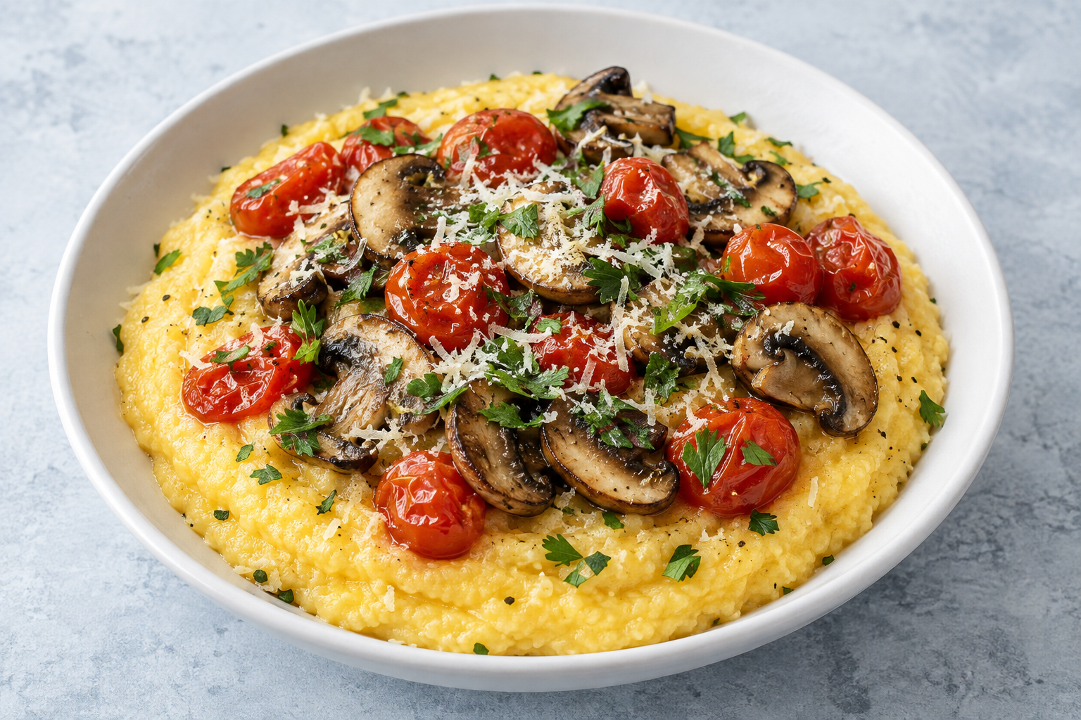 Cremige Polenta mit gerösteten Kirschtomaten, Champignons, Parmesan und Petersilie