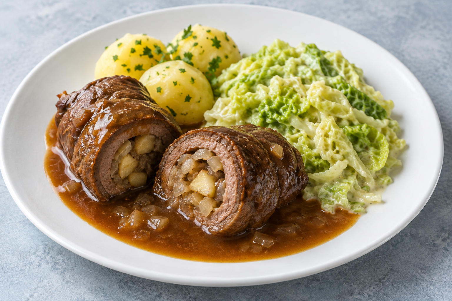 Aufgeschnittene Rinderrouladen mit Apfel-Zwiebel-Füllung, brauner Sauce, Salzkartoffeln und Rahmwirsing