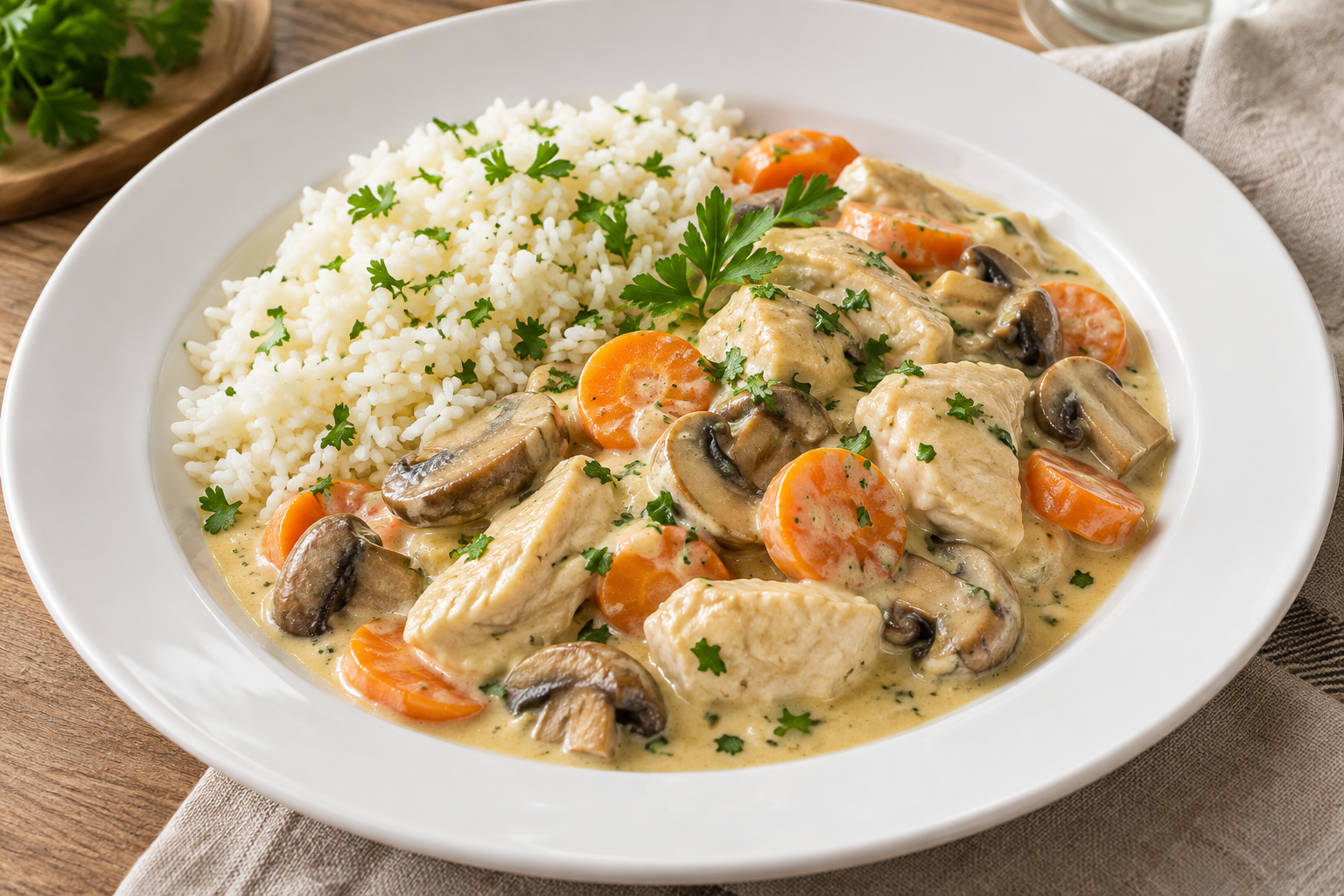 Cremiges Hühnerfrikassee ohne Erbsen mit Reis, Möhrenscheiben und Champignons
