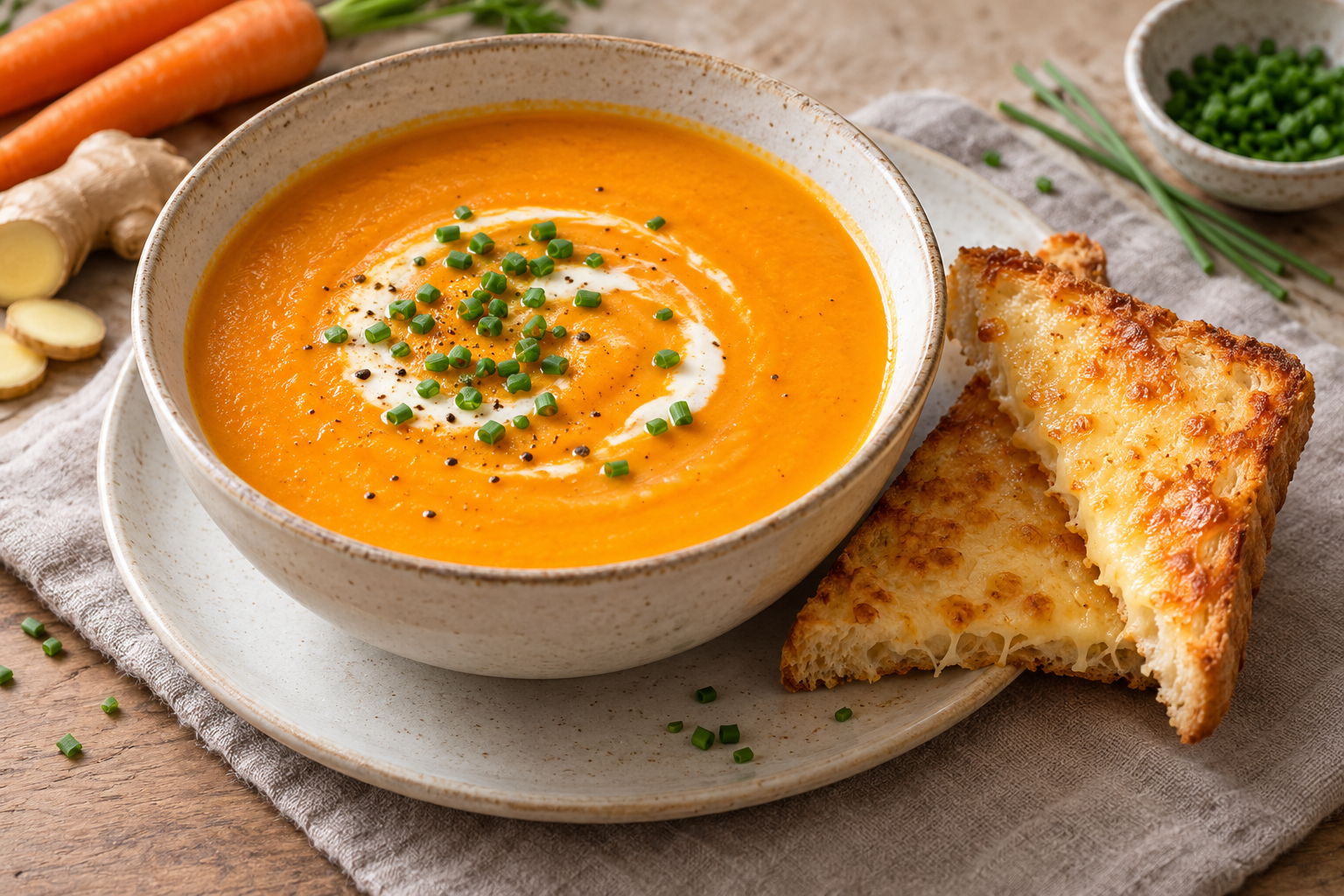 Cremige Möhren-Ingwer-Suppe mit Schnittlauch und knusprigen Käsetoasts
