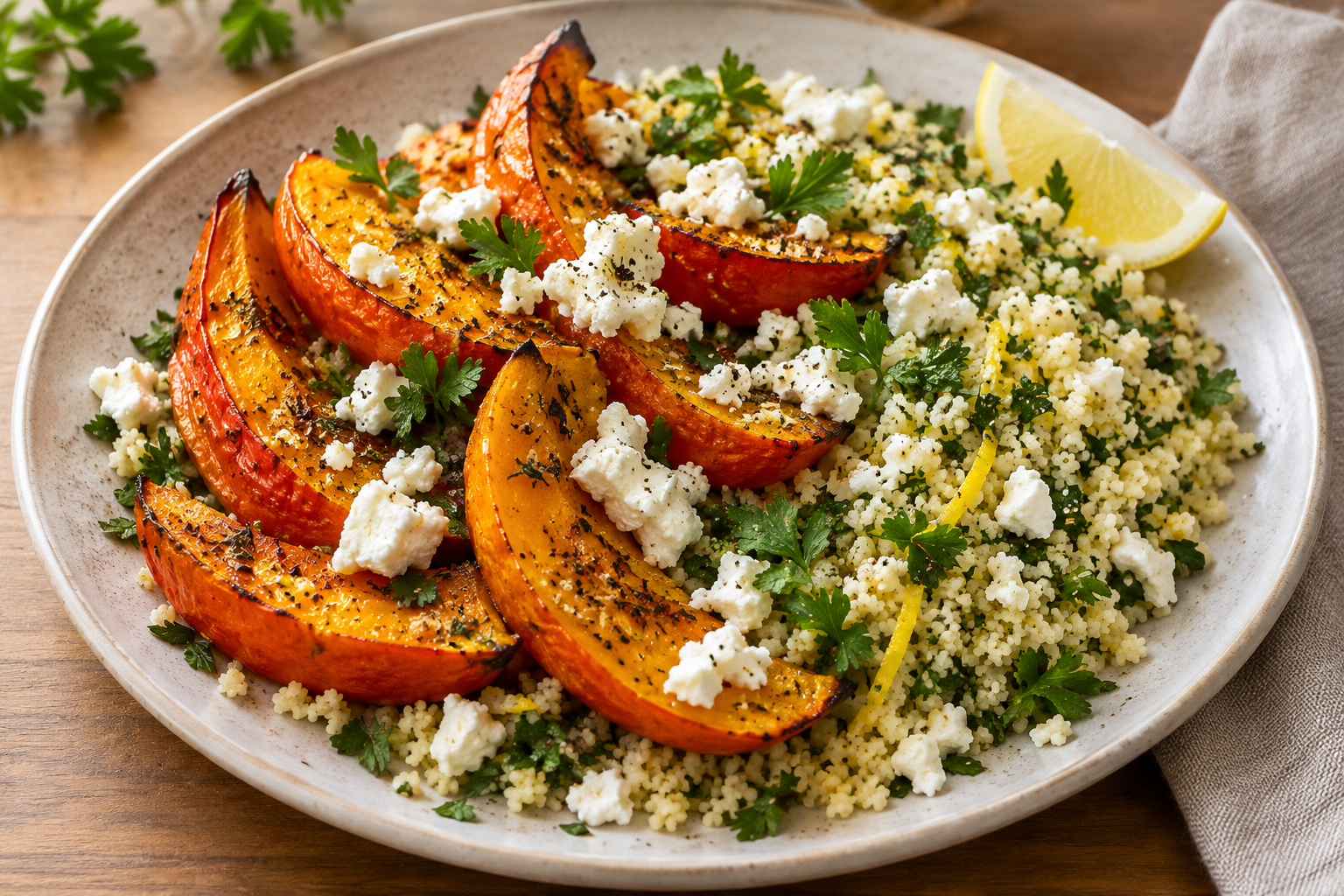 Geröstete Hokkaido-Kürbisspalten mit Feta, Kräuter-Couscous und Zitrone
