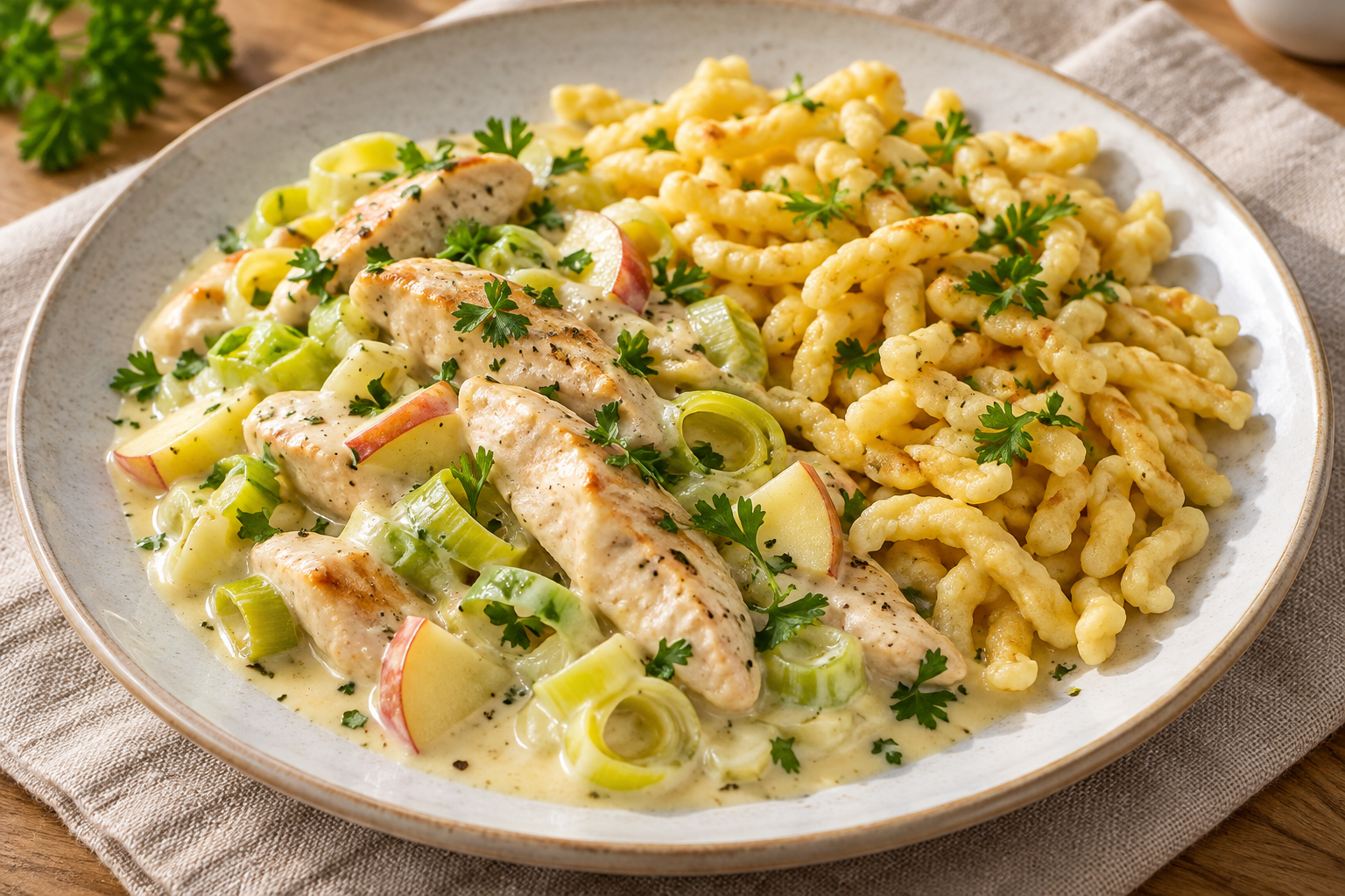 Gebratene Putenstreifen mit Apfel und Lauch in Rahmsauce neben goldenen Spätzle
