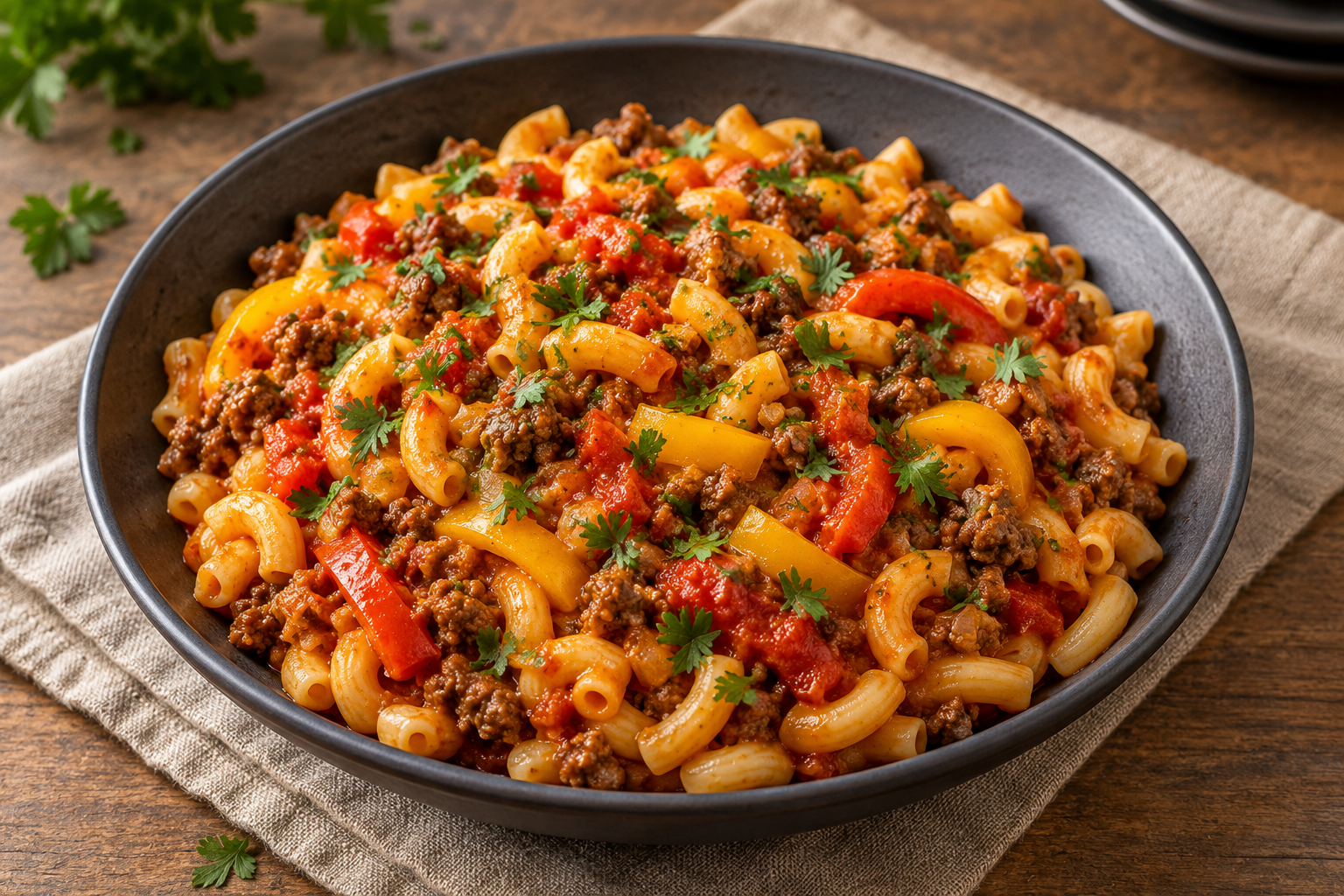 Makkaroni-Pfanne mit Rinderhackfleisch, roten und gelben Paprikastreifen und Tomaten