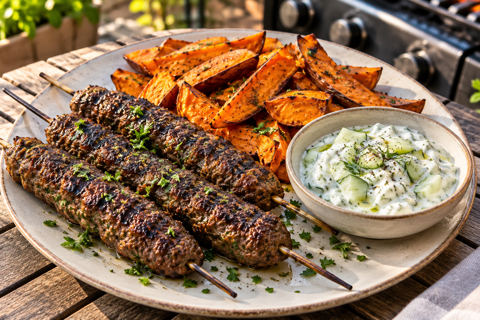 Gegrillte Kräuter-Rinderhackspieße mit Süßkartoffelspalten und Gurkenjoghurt