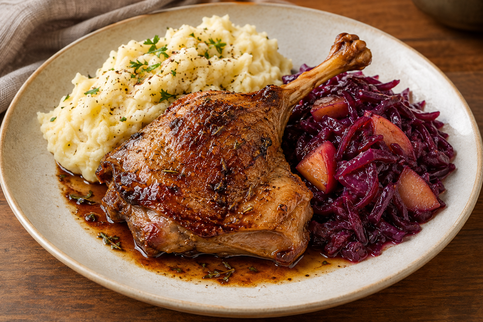 Knusprige Ofen-Entenkeule mit Kartoffel-Sellerie-Püree und hausgemachtem Apfelrotkohl
