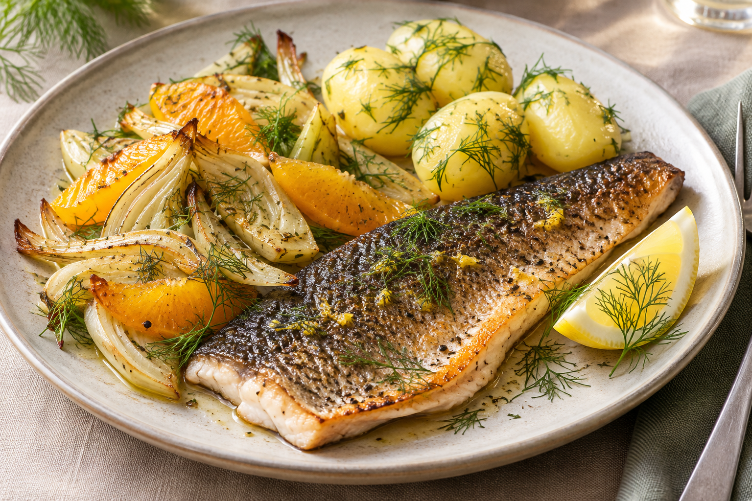 Ofengebackenes Forellenfilet mit Fenchel, Orangenspalten, Dill und Salzkartoffeln