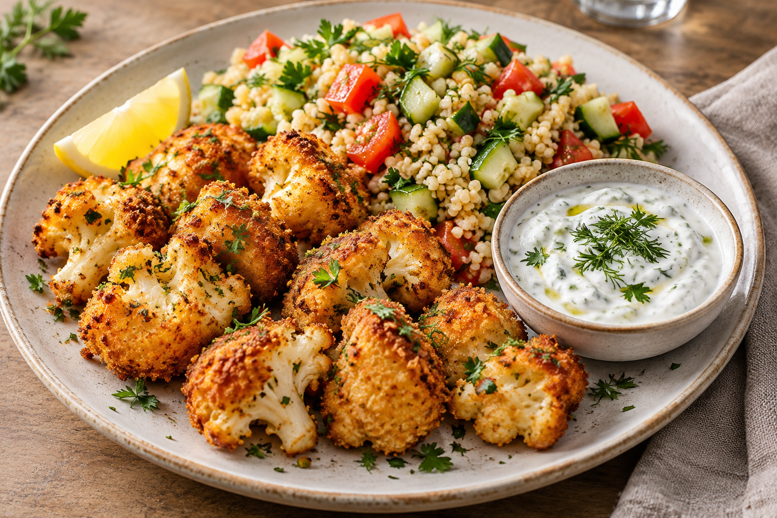 Knusprig frittierte Blumenkohlröschen mit Bulgur-Gurken-Tomaten-Salat und Kräuterquark