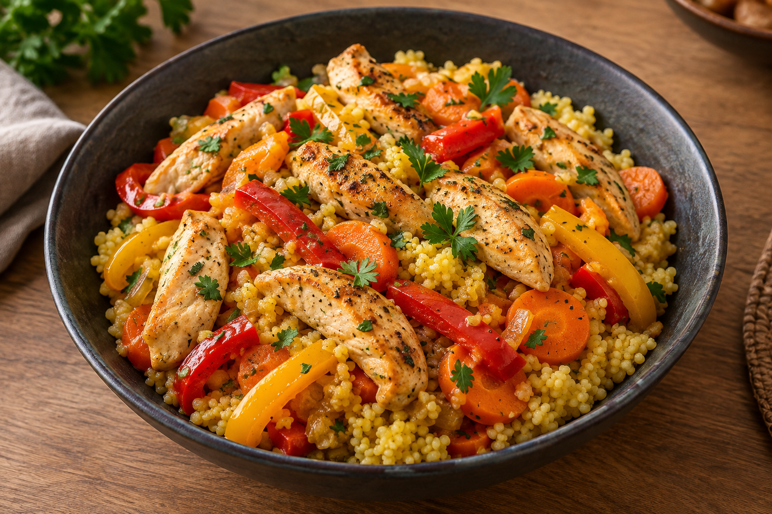 Hähnchen-Paprika-Pfanne mit Möhrenscheiben, goldener Hirse und Petersilie