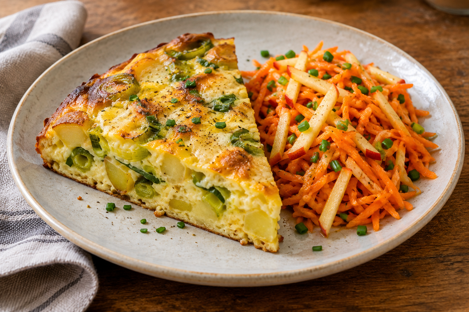Goldene Kartoffel-Lauch-Frittata mit Gouda neben Möhren-Apfel-Salat und Schnittlauch