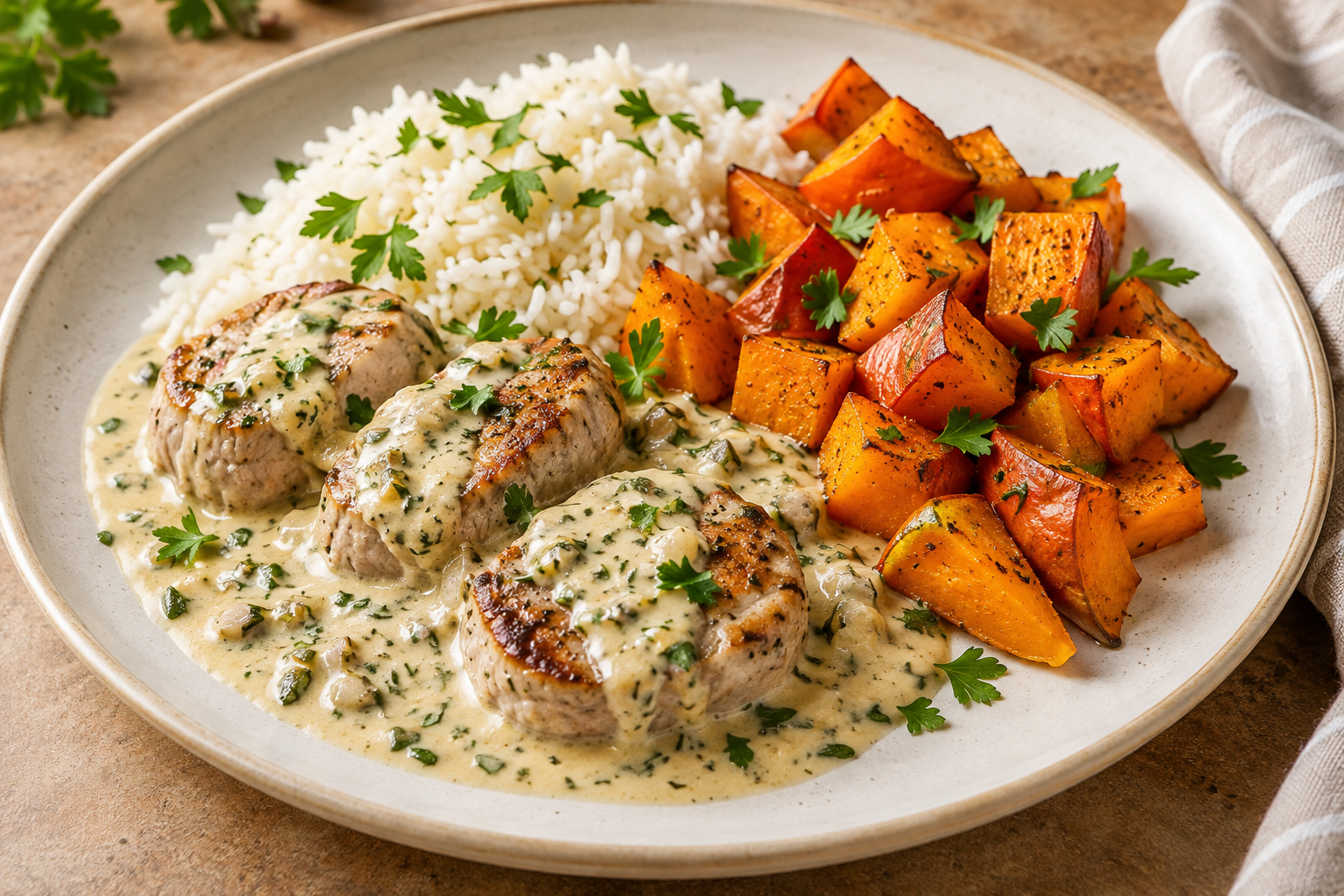 Schweinefiletmedaillons in Kräuterrahm mit gebratenem Hokkaido-Kürbis und Reis