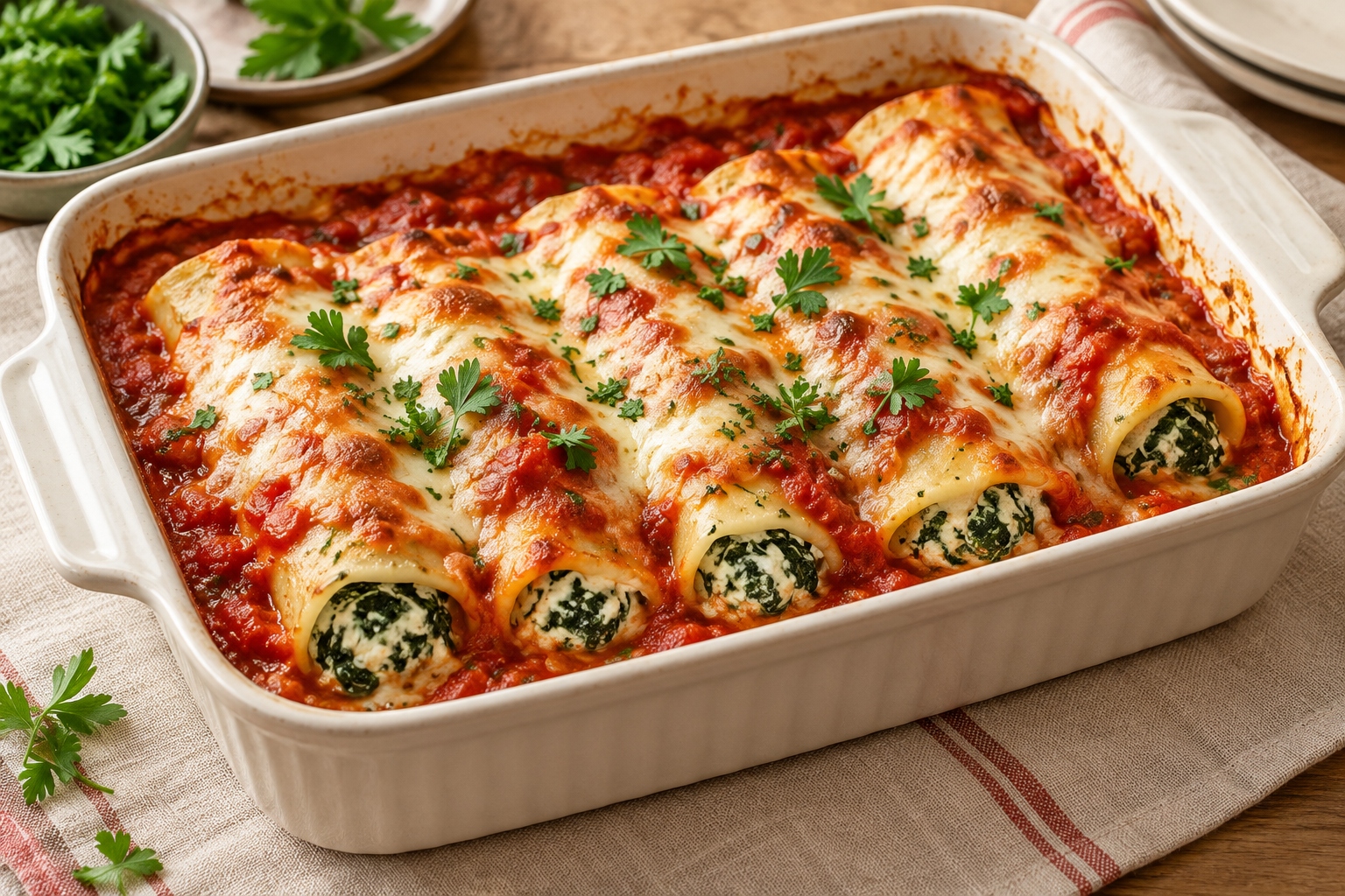Überbackene Cannelloni mit Spinat-Ricotta-Füllung, Tomatensauce und Mozzarella