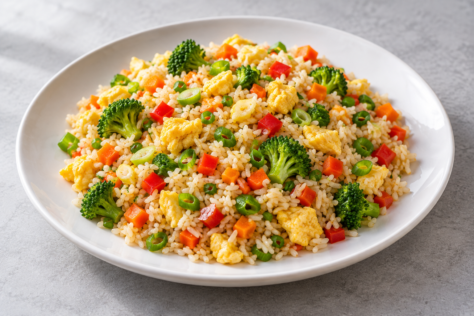 Gebratener Reis mit Ei, Brokkoli, Möhren, roter Paprika und Frühlingszwiebeln