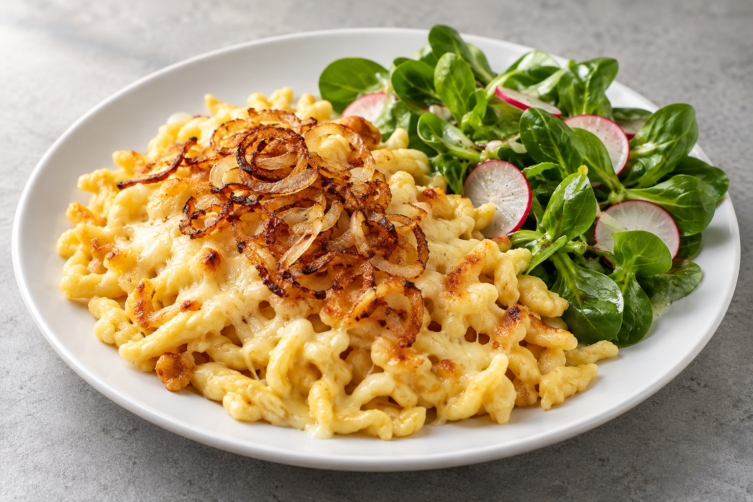 Hausgemachte Käsespätzle mit braunen Röstzwiebeln und Feldsalat mit Radieschen