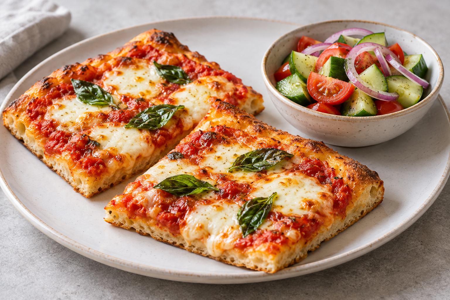 Hausgemachte Blechpizza Margherita mit Mozzarella und Basilikum neben Gurken-Tomaten-Salat